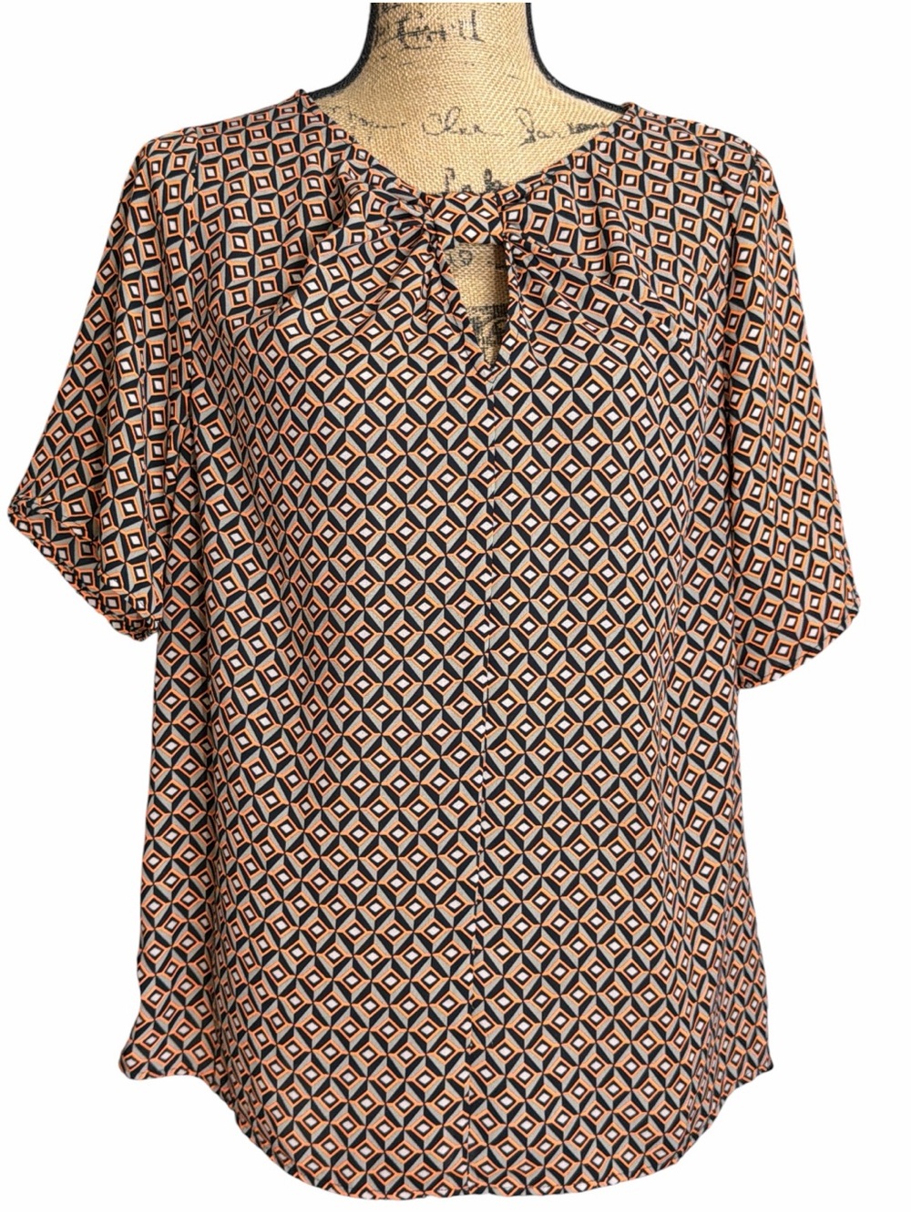 Pleione Geometric Tie-Neck Blouse in Orange and Black. NWT Size Large